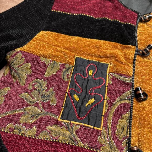 Vintage 90s Allure Boutique Chenille Knit Patchwork Embroidered Cardigan Sweater - Picture 5 of 8